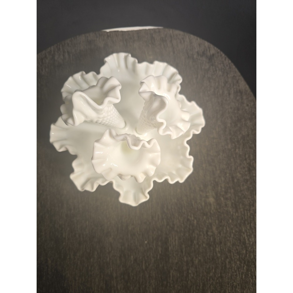 Vintage Fenton Hobnail Milk Glass Epergne Ruffled Bowl 3 Horned Vase Art Glass - Picture 5 of 11